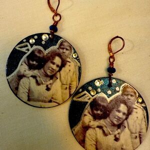 Vintage Style Photo Earrings with Rhinestones Handcrafted